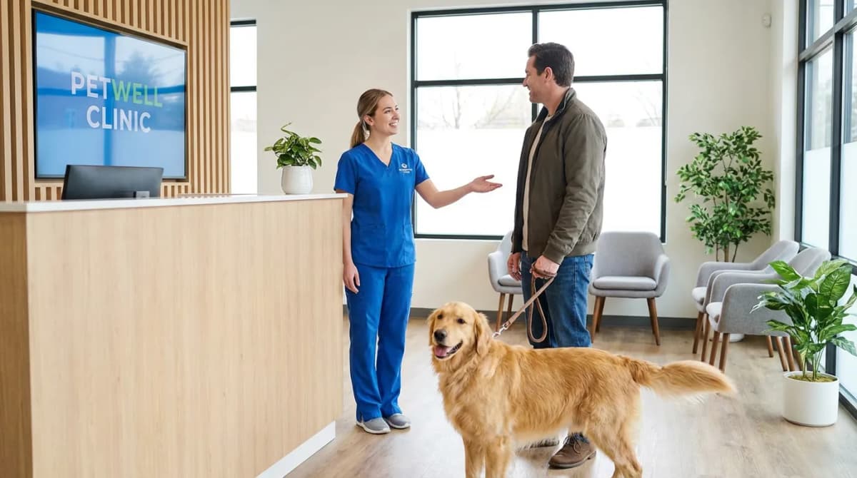 ASV souriante accompagnant un propriétaire et son chien à l'accueil du cabinet