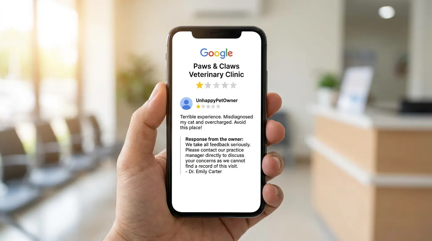 Écran de téléphone affichant un avis Google négatif sur un cabinet vétérinaire