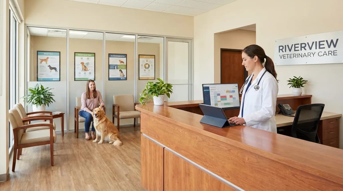 Vétérinaire organisé dans son cabinet avec planning et outils de gestion