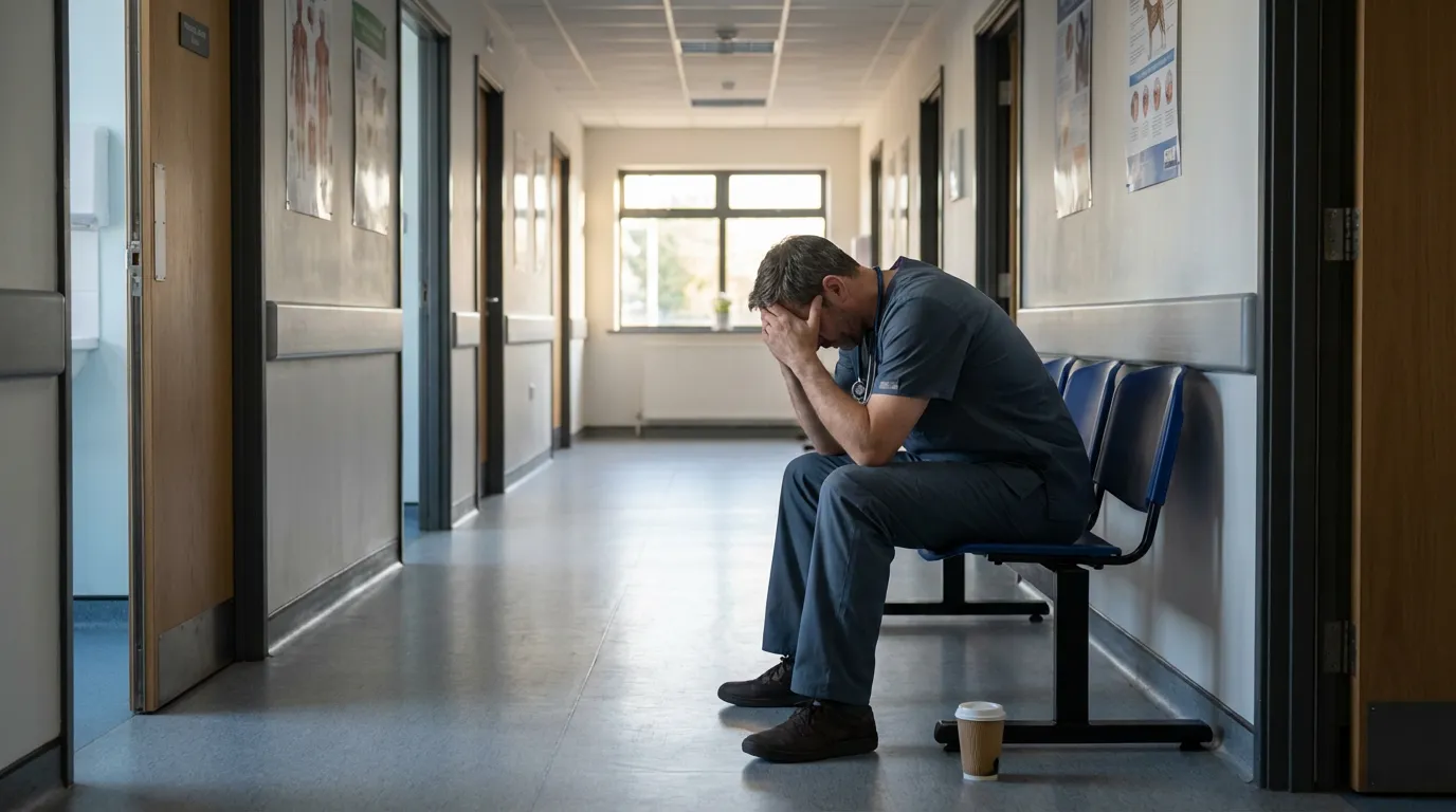 Vétérinaire fatigué assis seul dans un cabinet après une longue journée