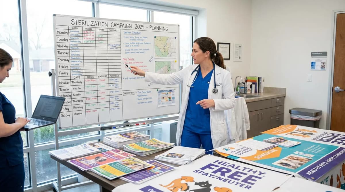Vétérinaire préparant une campagne de stérilisation avec planning et supports de communication