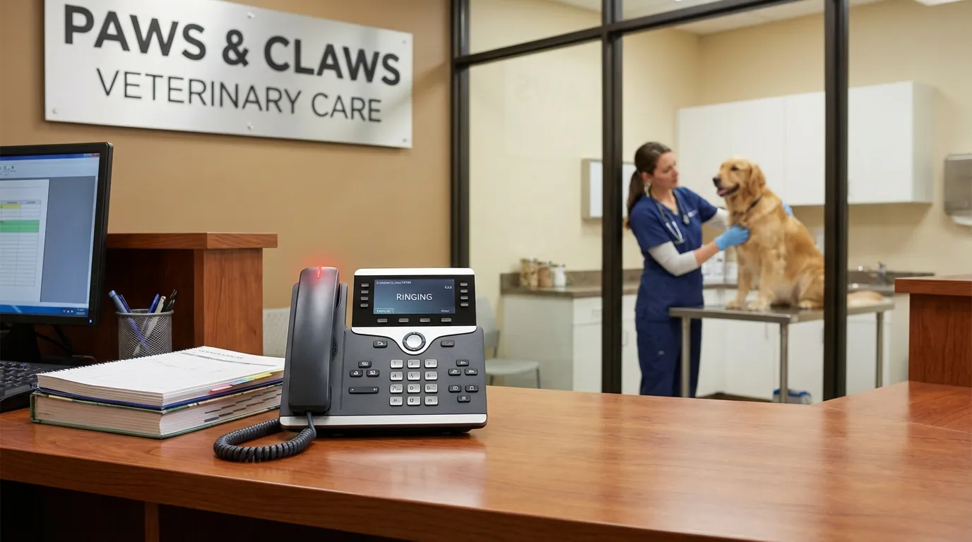 Téléphone qui sonne à l'accueil d'un cabinet vétérinaire pendant une consultation