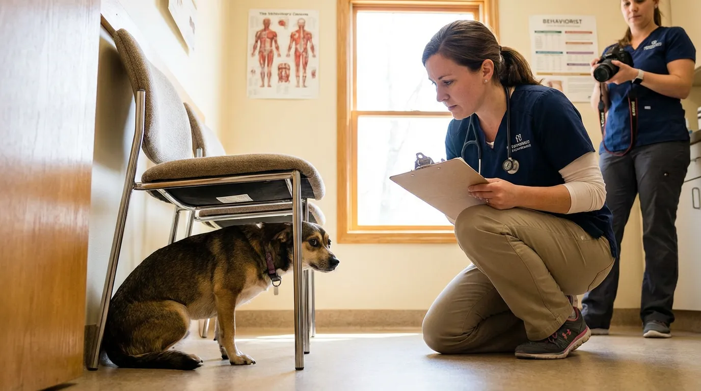 Vétérinaire observant le comportement d'un chien anxieux en salle de consultation