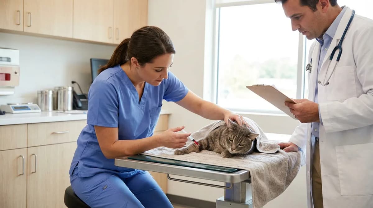 ASV réalisant une prise de sang sur un chat sous supervision du vétérinaire