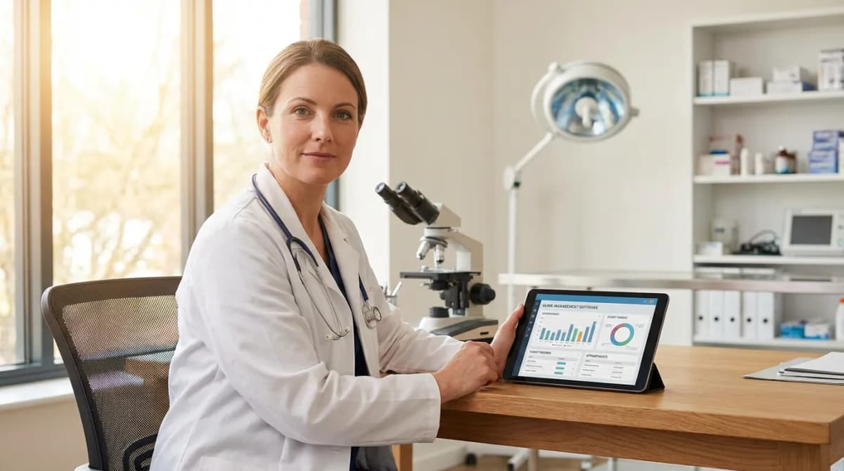 Vétérinaire consultant un logiciel de gestion de cabinet sur tablette dans une salle de consultation