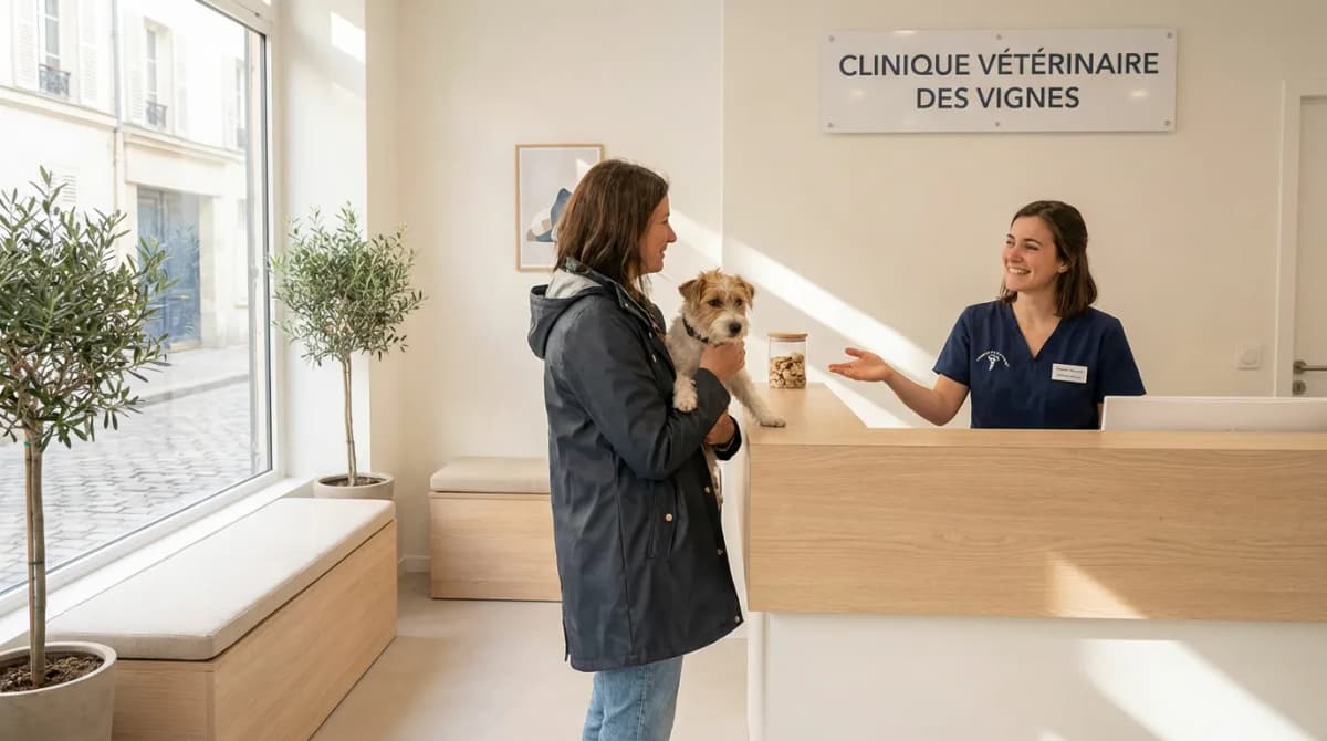 Réceptionniste accueillant un propriétaire et son animal en clinique vétérinaire