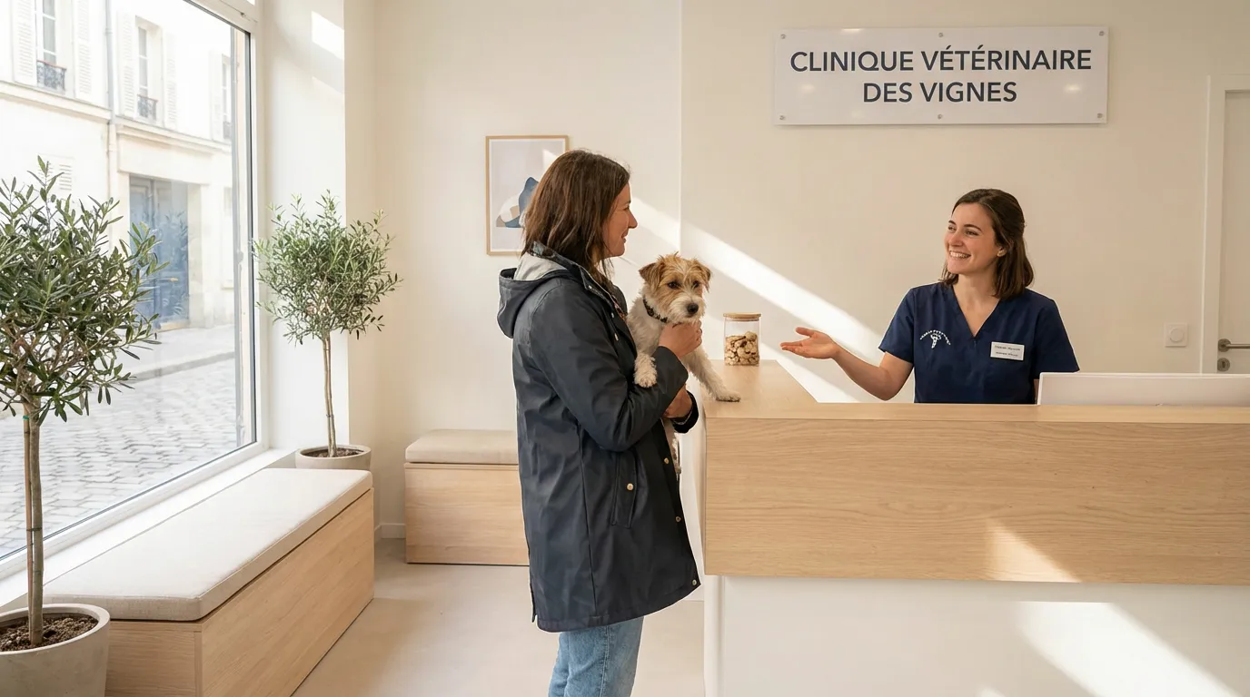 Réceptionniste accueillant un propriétaire et son animal en clinique vétérinaire