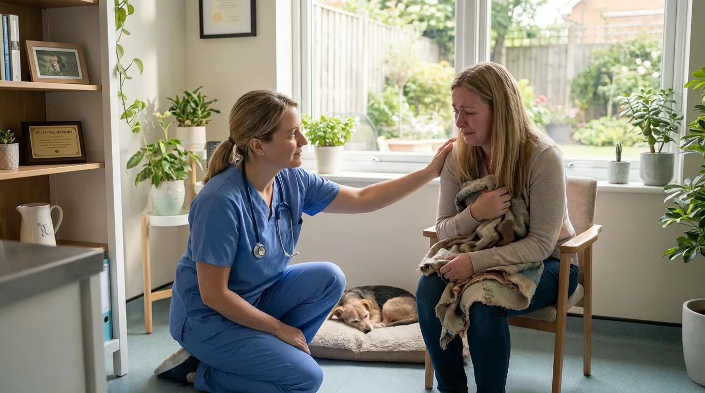 Vétérinaire posant une main réconfortante sur l'épaule d'un propriétaire dans une salle calme