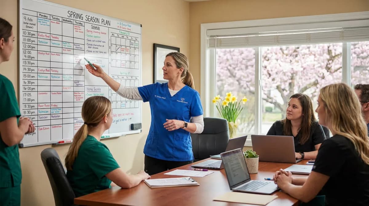 Vétérinaire réorganisant son agenda et son équipe au printemps pour gérer l'augmentation des consultations et des urgences