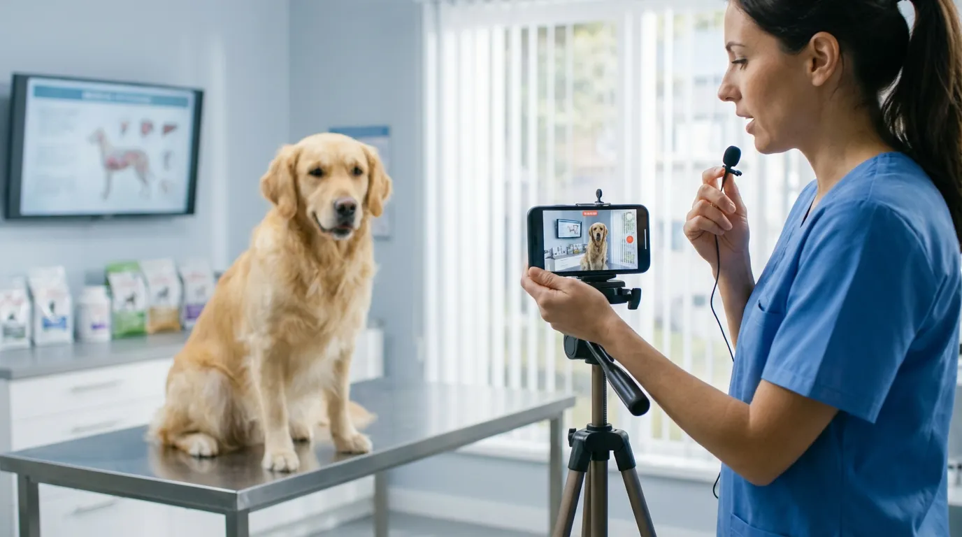 Vétérinaire filmant une courte vidéo éducative avec un chien dans son cabinet