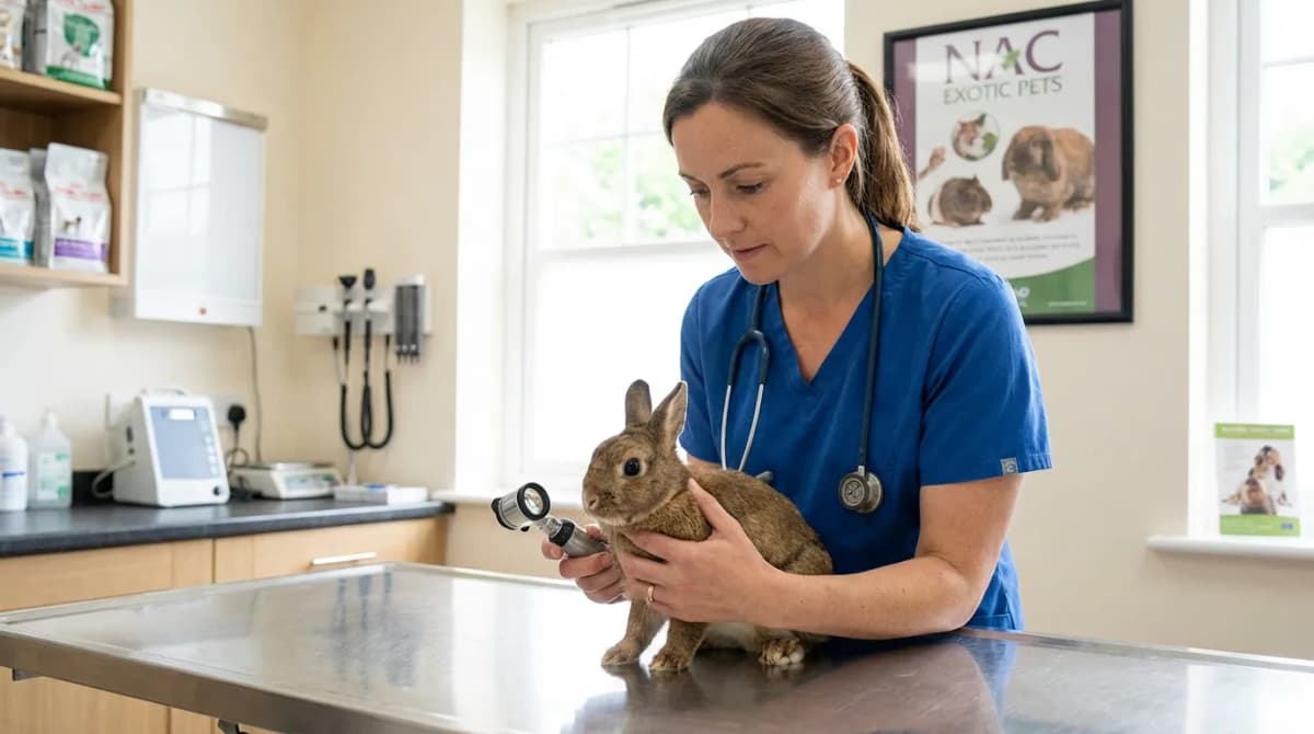 Vétérinaire examinant un lapin nain sur une table de consultation