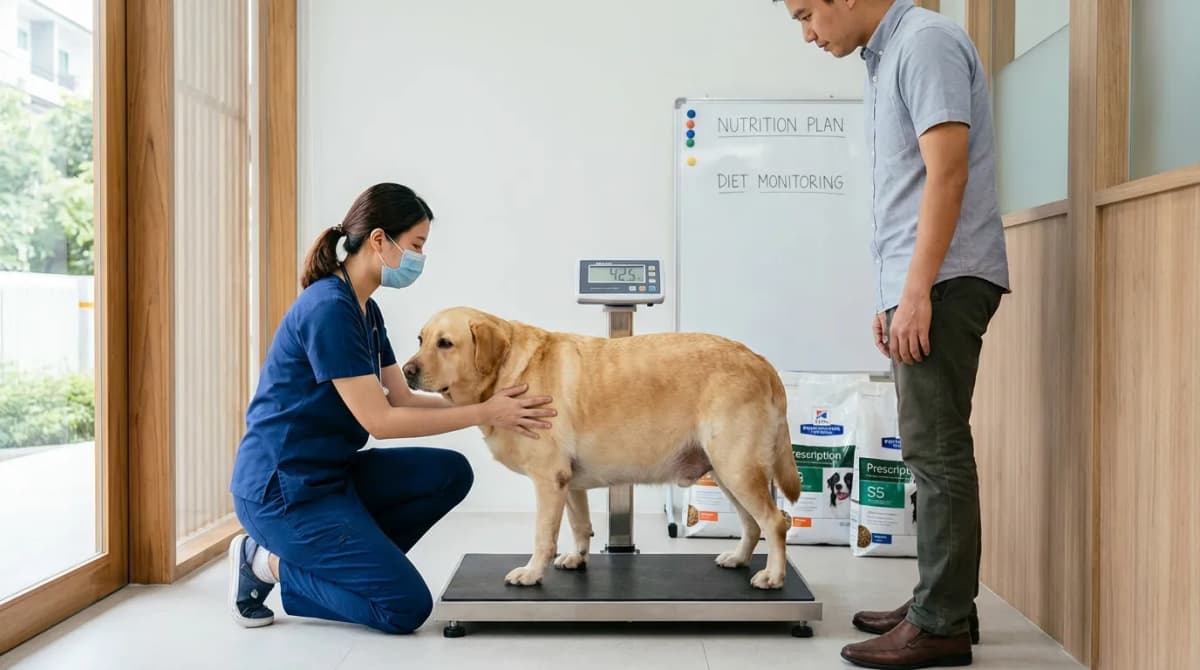 Vétérinaire pesant un chien en surpoids lors d'une consultation nutritionnelle