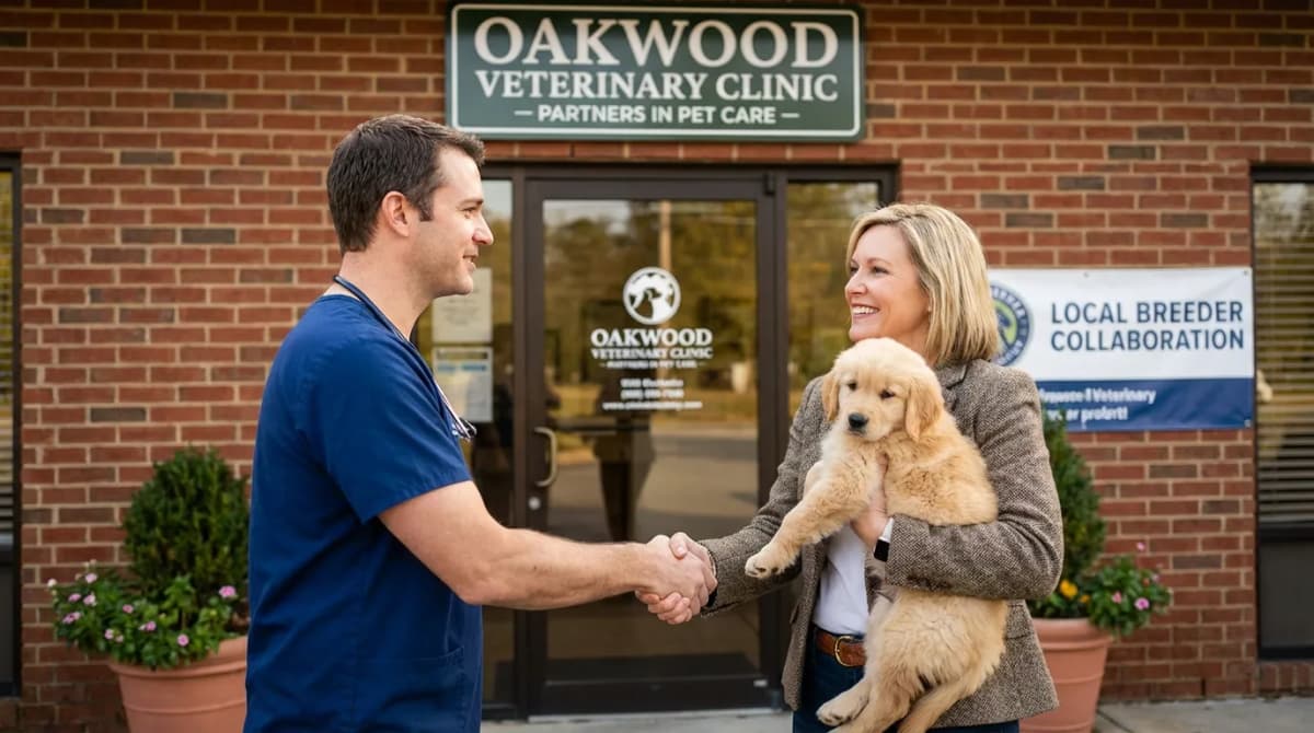Vétérinaire serrant la main d'un éleveur devant un cabinet avec un chiot