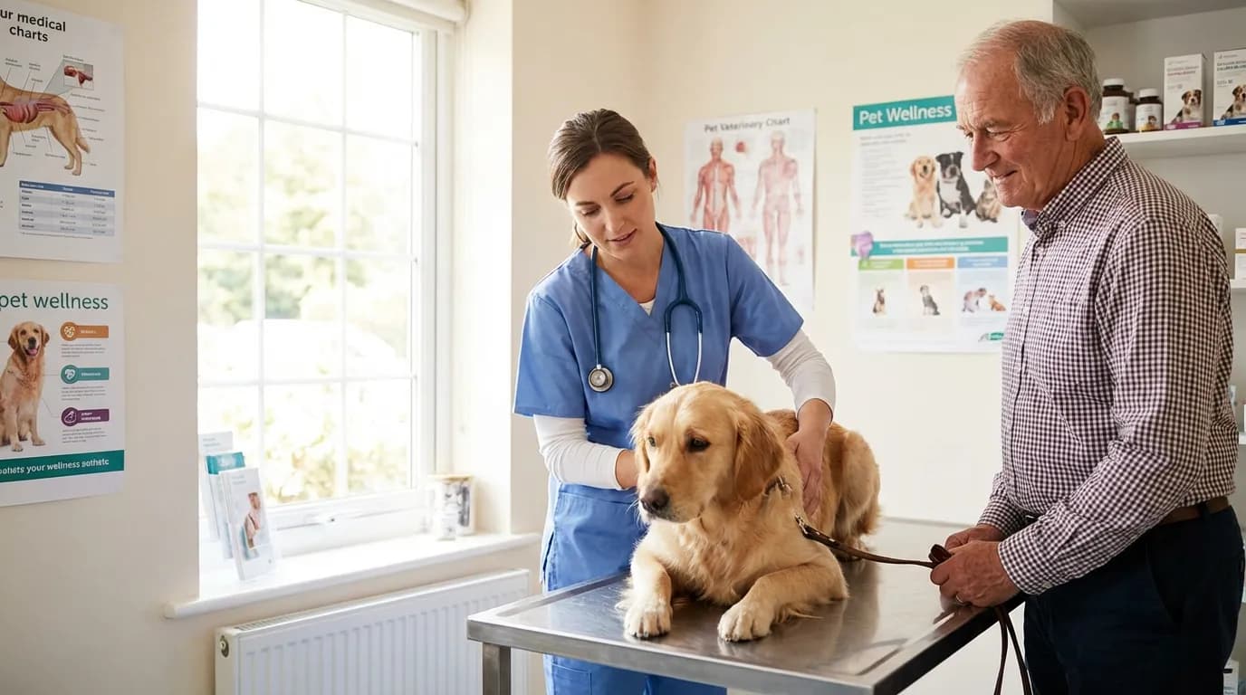Vétérinaire réalisant un bilan de santé complet sur un chien avec le propriétaire attentif