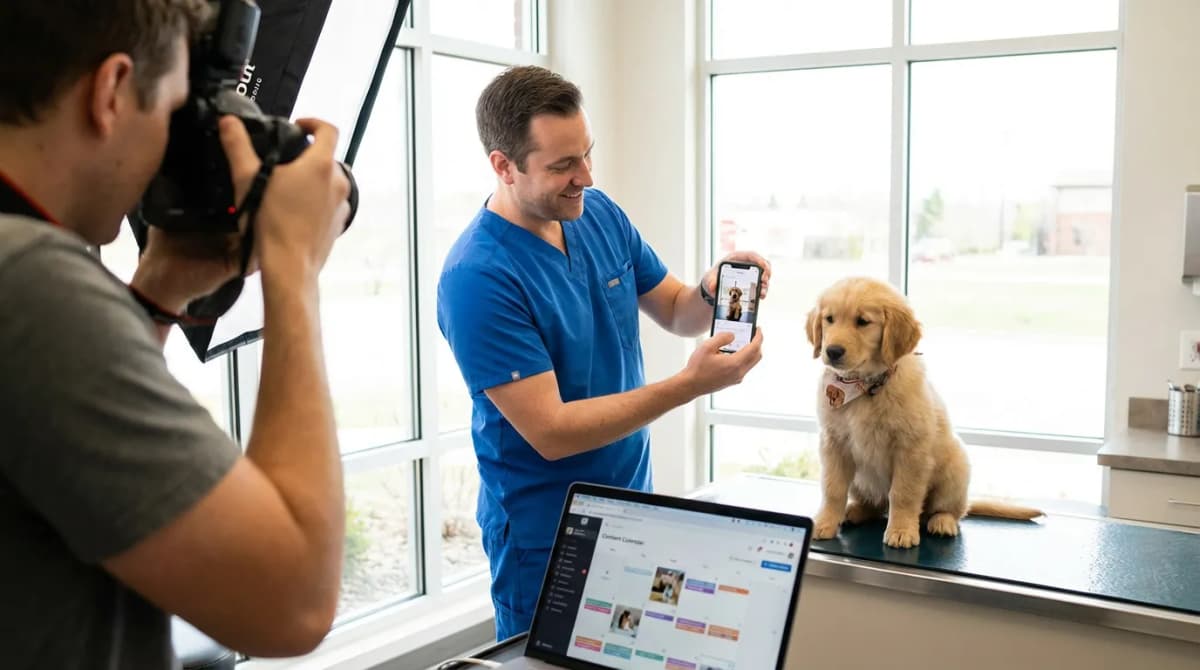 Vétérinaire prenant une photo d'un chiot pour publier sur les réseaux sociaux du cabinet