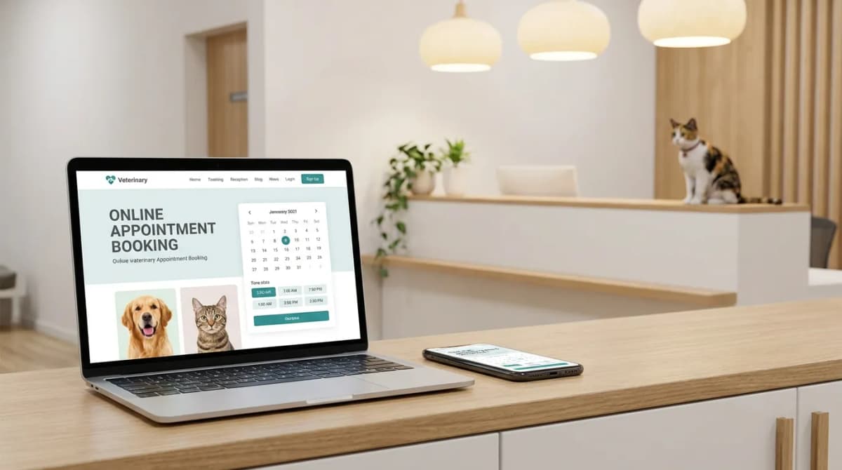 Capture d'écran d'un site web de cabinet vétérinaire moderne avec prise de rendez-vous en ligne