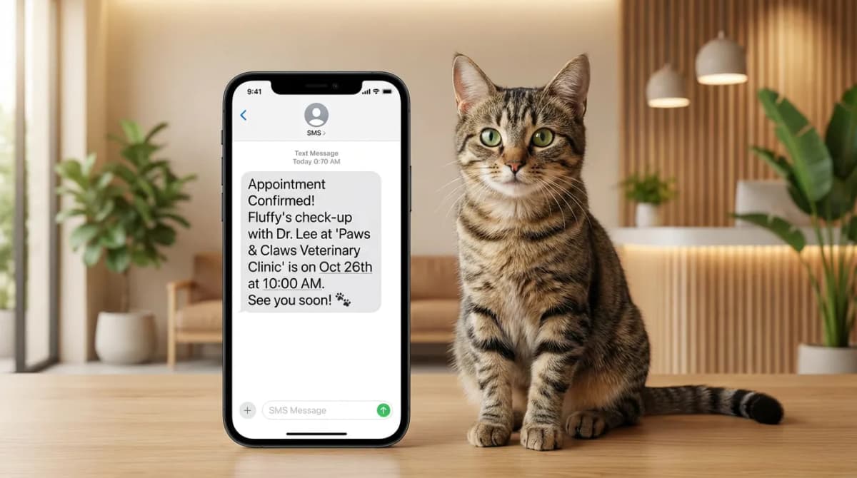 Smartphone affichant un SMS de confirmation de rendez-vous vétérinaire avec un chat