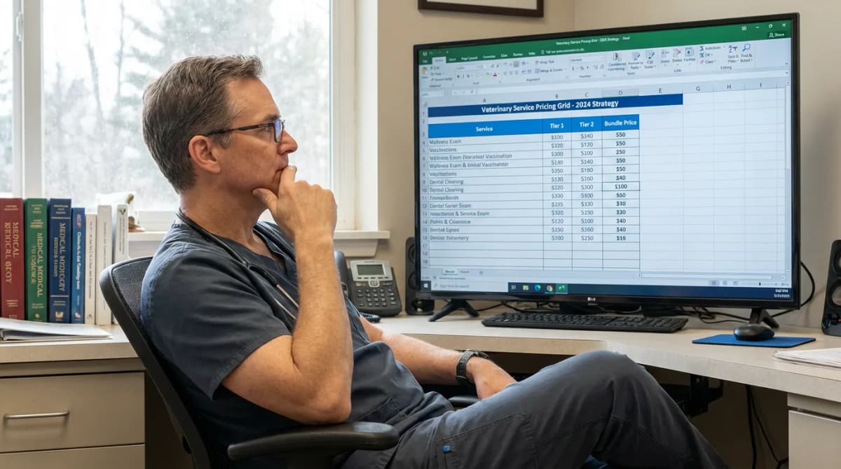 Vétérinaire réfléchissant devant sa grille tarifaire sur écran