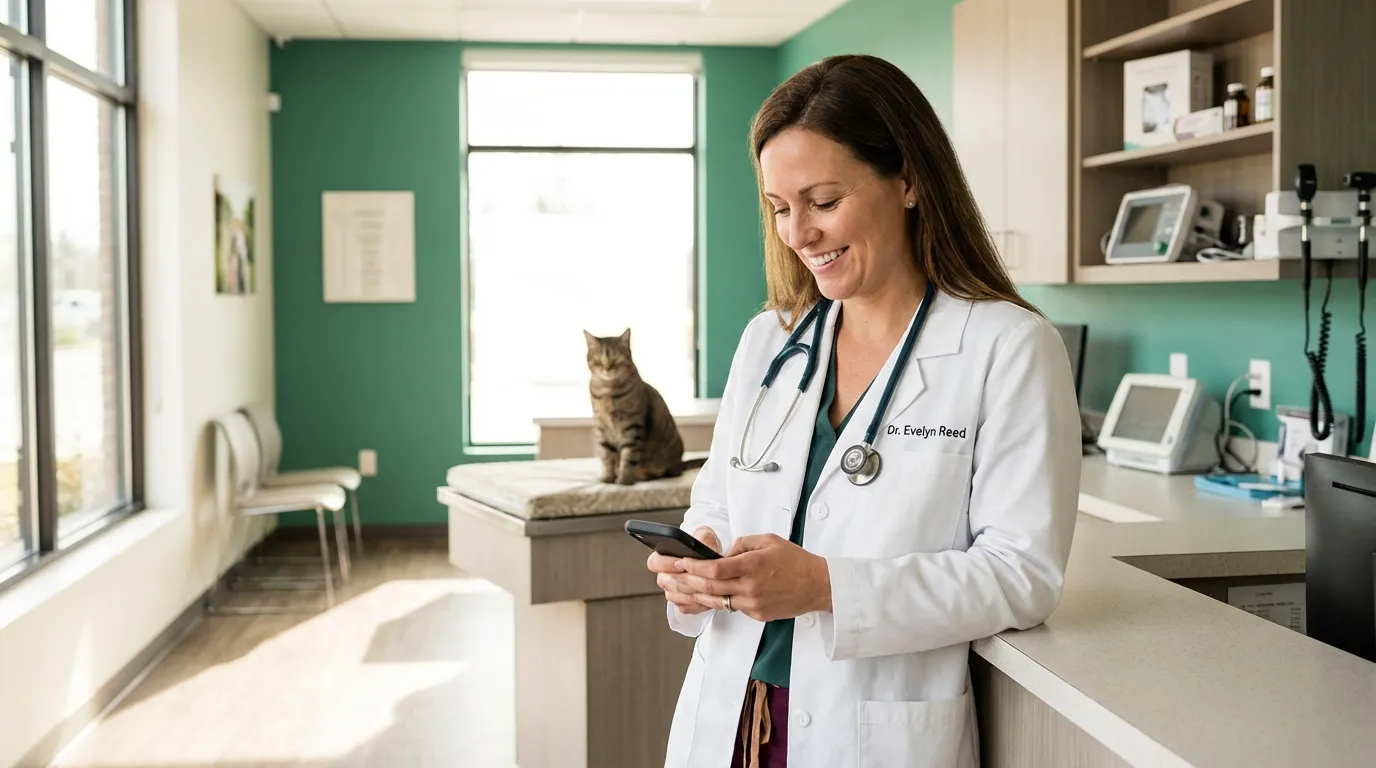 Vétérinaire souriante consultant son téléphone entre deux consultations dans une clinique moderne