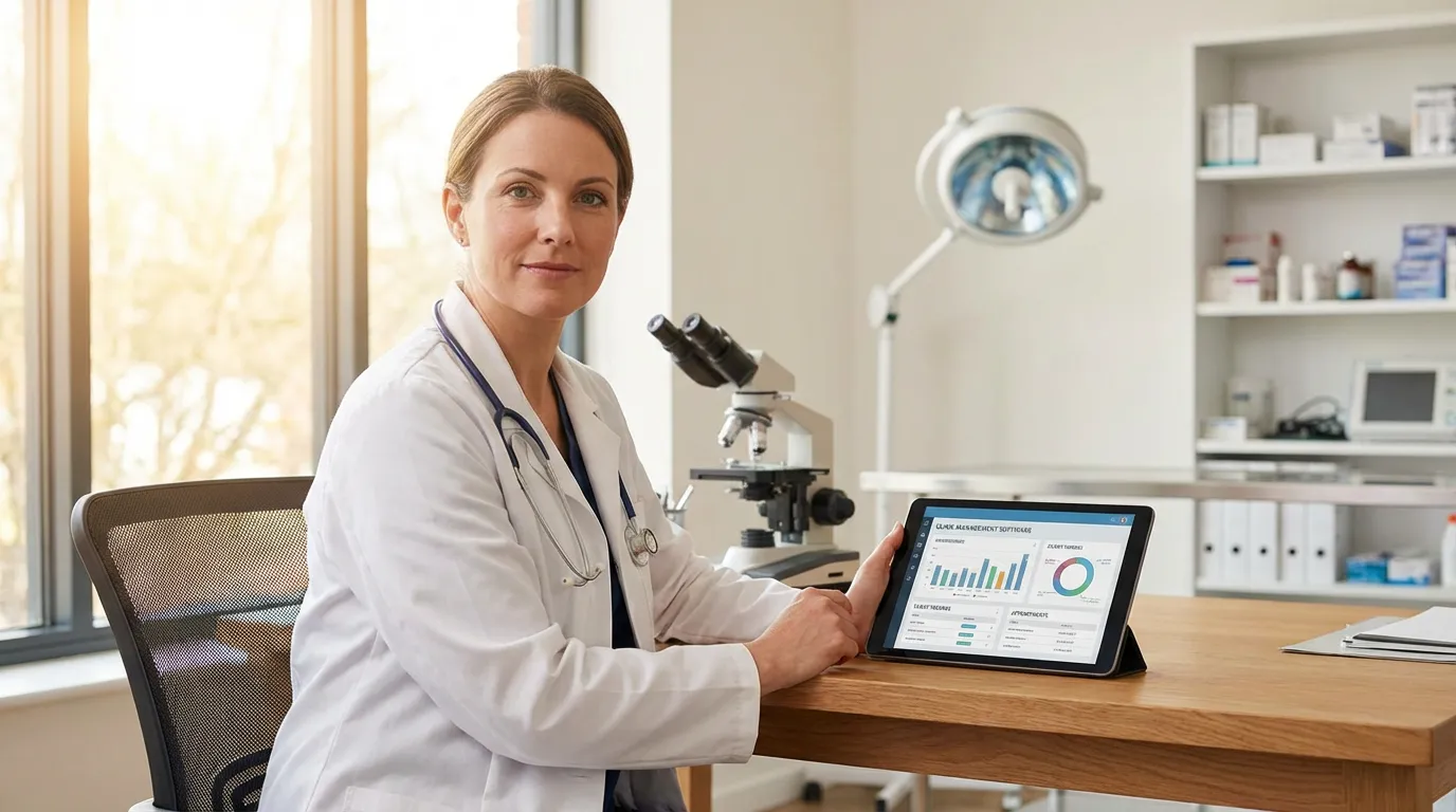 Vétérinaire consultant un logiciel de gestion de cabinet sur tablette dans une salle de consultation