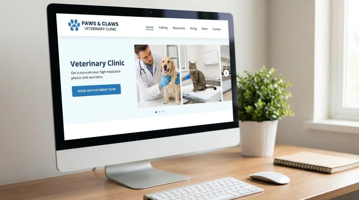 Écran d'ordinateur affichant un site web de cabinet vétérinaire avec bouton de prise de rendez-vous