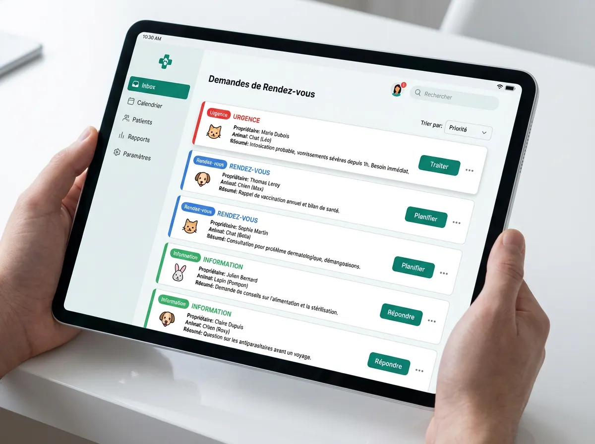 Messagerie triée sur tablette : urgences, rendez-vous et informations classés automatiquement par priorité