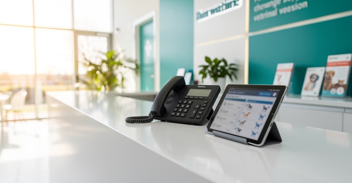 Bureau d'accueil d'une clinique vétérinaire moderne avec téléphone et tableau de bord illustrant l'accueil téléphonique vétérinaire