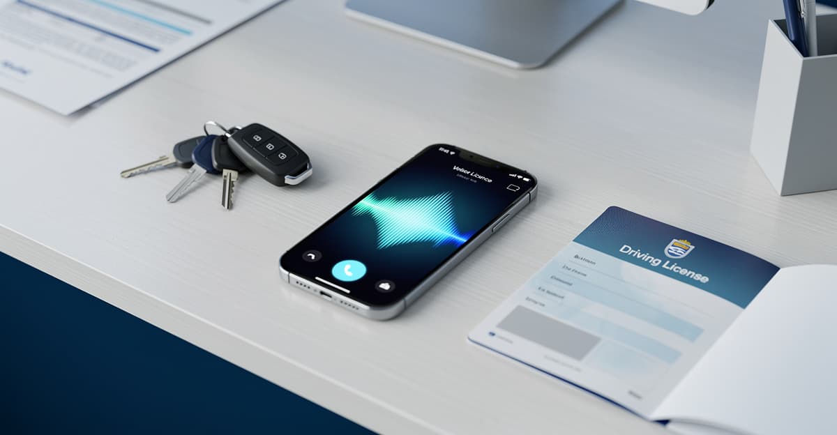 Assistant vocal auto école affiché sur smartphone posé sur un bureau de secrétariat d'auto-école moderne