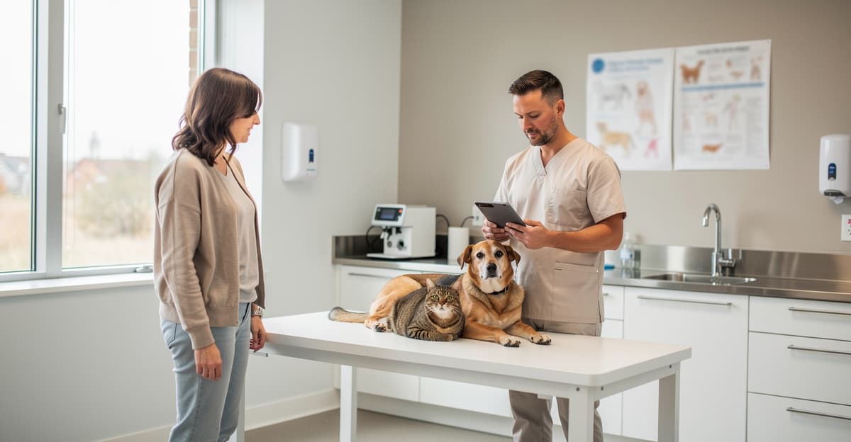Cabinet vétérinaire lumineux avec chien et chat lors d'une consultation de suivi vétérinaire