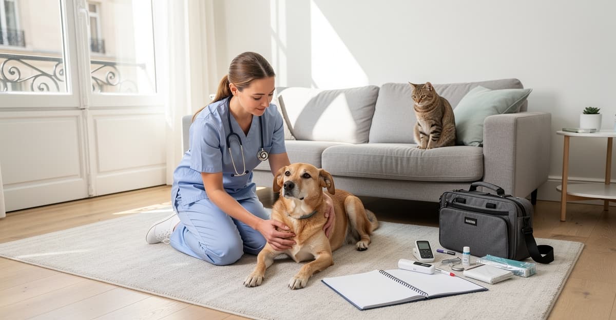 Vétérinaire en consultation veterinaires domicile avec un chien et un chat dans un intérieur lumineux