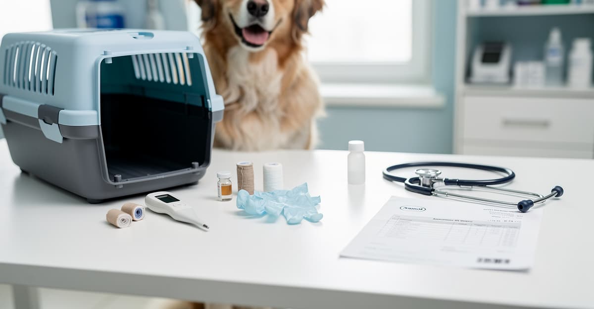 Facture de consultation vétérinaire prix avec chien, chat et accessoires sur un bureau médical lumineux