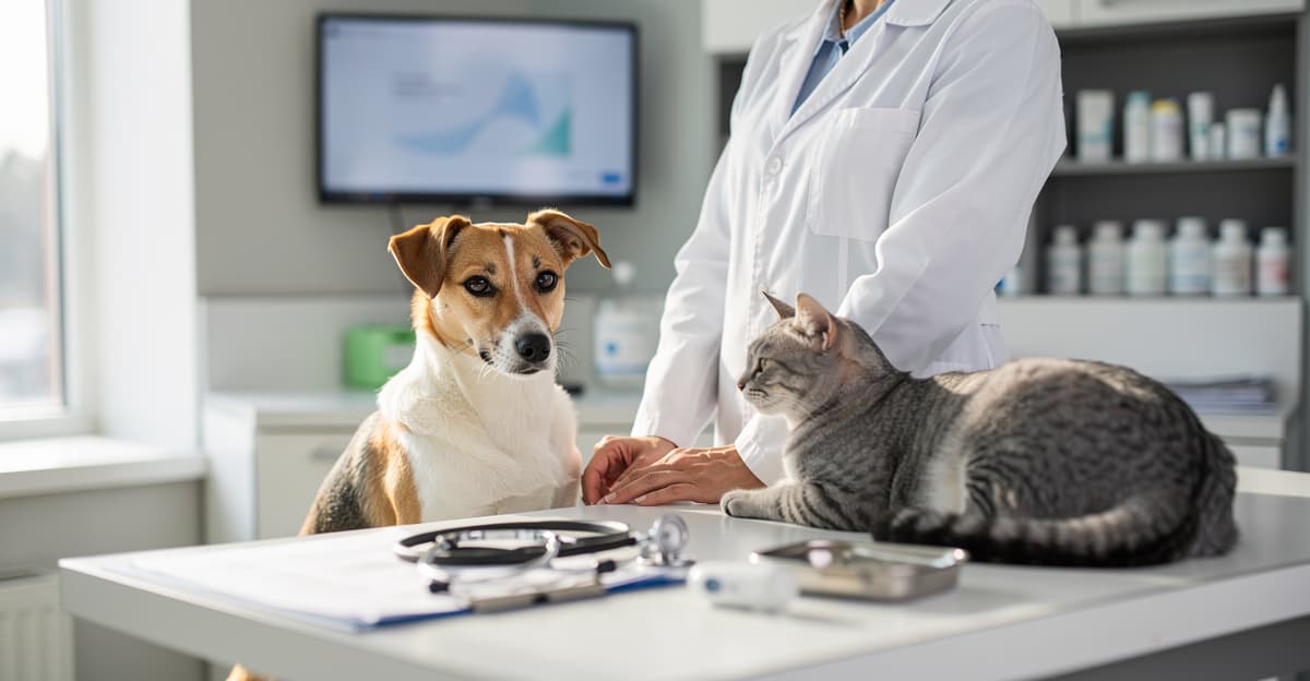 Cabinet moderne pour une consultation veterinaire specialisee avec chien, chat et matériel médical