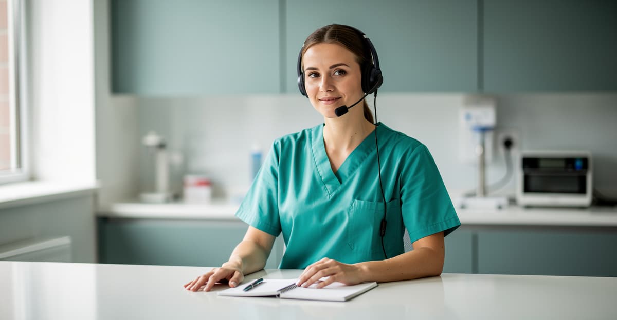 Auxiliaire vétérinaire au téléphone pratiquant la gestion du stress en triage vétérinaire dans une clinique moderne
