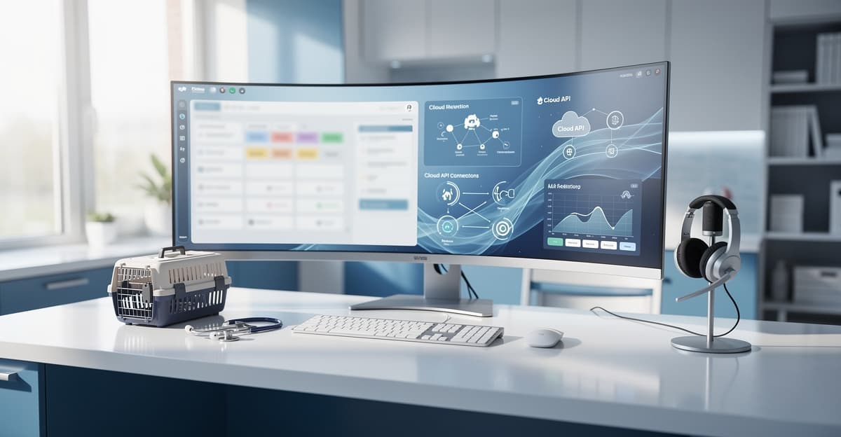 IA vocale vétérinaire dans une clinique moderne avec logiciels métier et flux de données