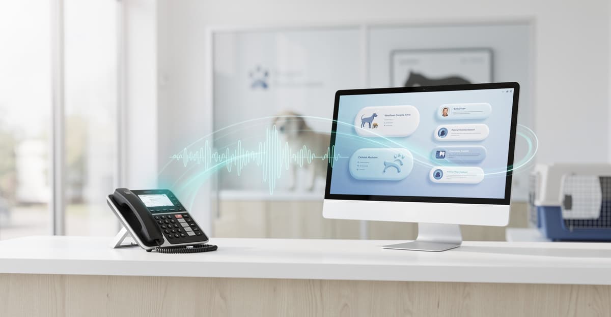 Assistant vocal connecté à un logiciel métier dans une clinique vétérinaire, sur fond lumineux et moderne.