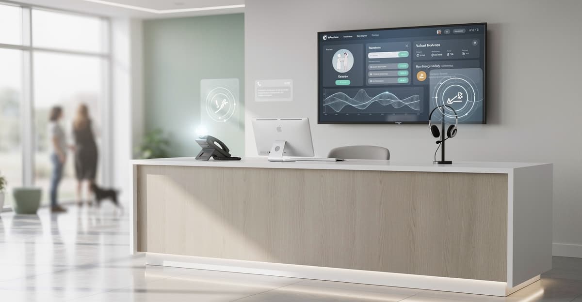 Cabinet vétérinaire moderne avec interface d’ia vocale vétérinaire sur un poste d’accueil