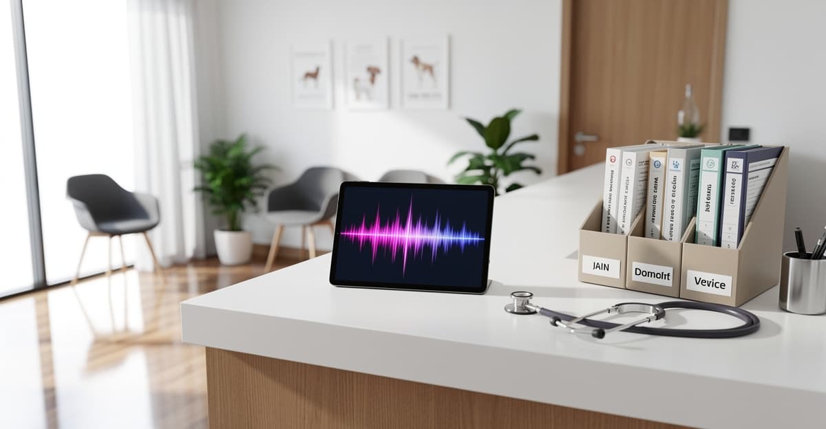 Interface d'IA vocale vétérinaire sur tablette posée sur un bureau de clinique vétérinaire moderne et lumineux