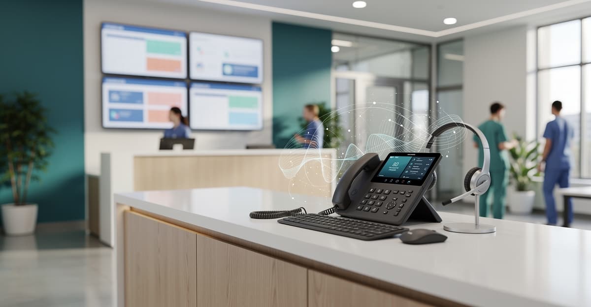 IA vocale vétérinaire dans un cabinet moderne avec accueil, agenda et interface numérique