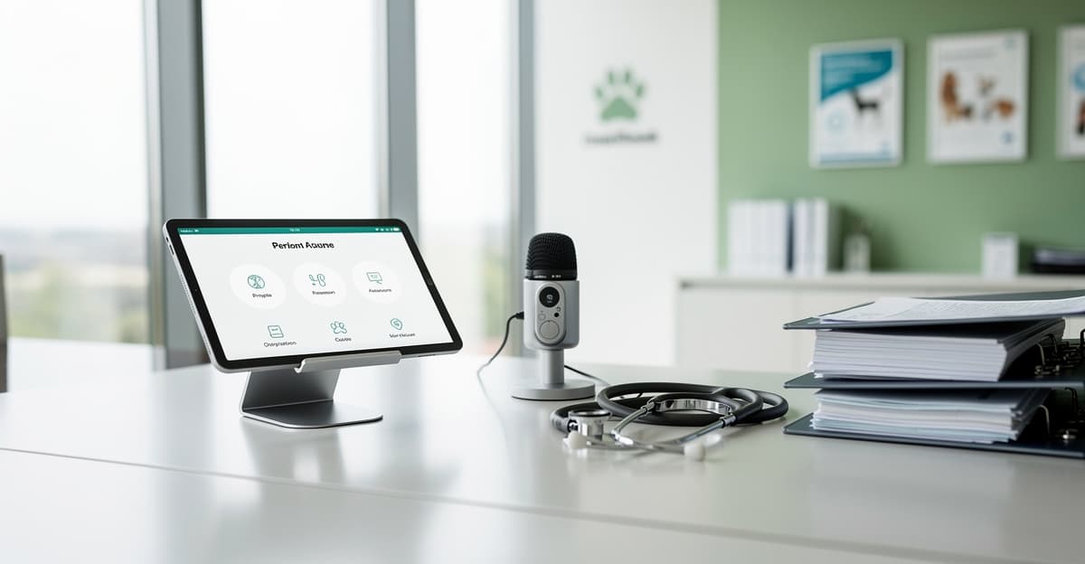 Logiciel de gestion vétérinaire avec IA vocale sur tablette dans une clinique moderne et lumineuse