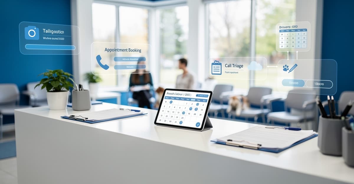 Clinique vétérinaire moderne avec interface de prise de rendez-vous IA à l’accueil.