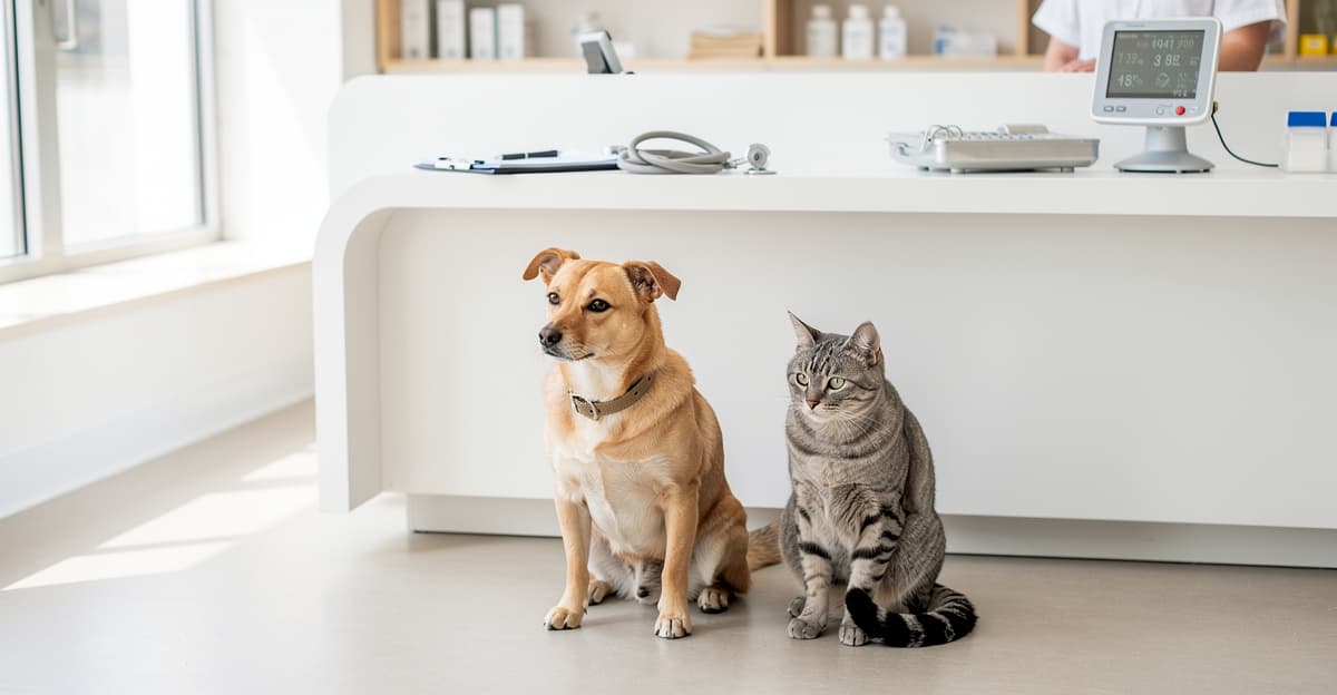 Consultation vétérinaire en clinique moderne avec chien et chat, pour estimer le prix consultation vétérinaire