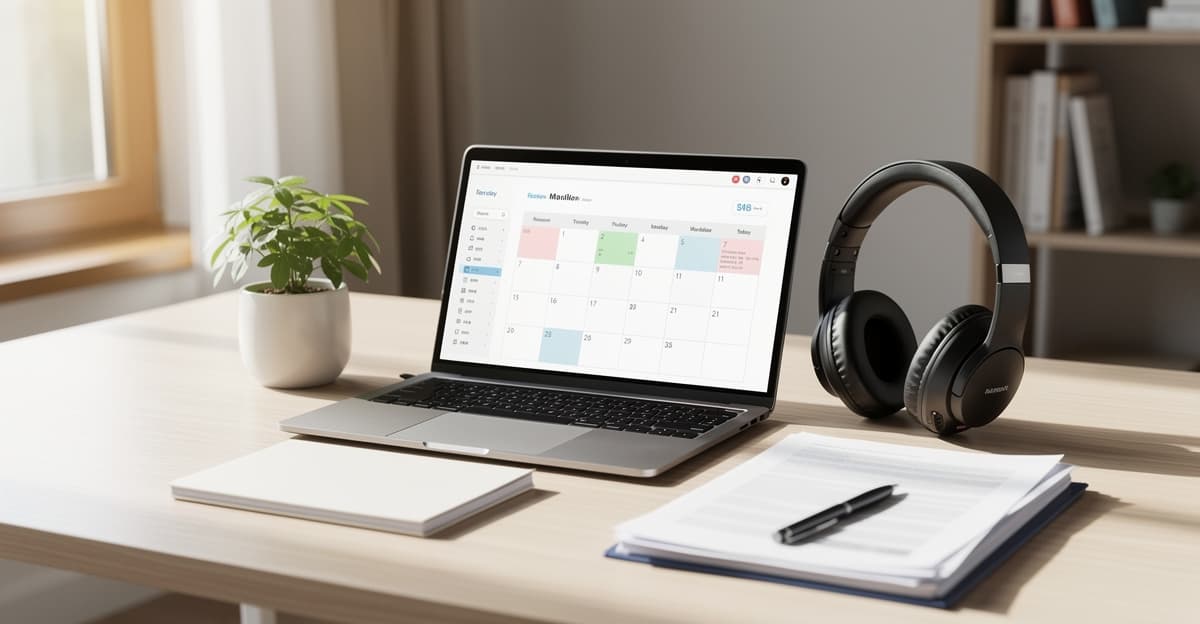 Bureau moderne avec casque téléphonique et agenda numérique illustrant le secrétariat externalisé pour TPE et professions libérales