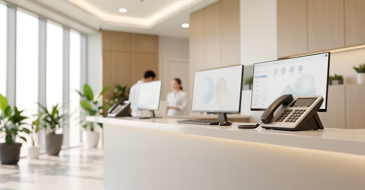 Accueil de clinique avec standard téléphonique vétérinaire moderne et espace organisé