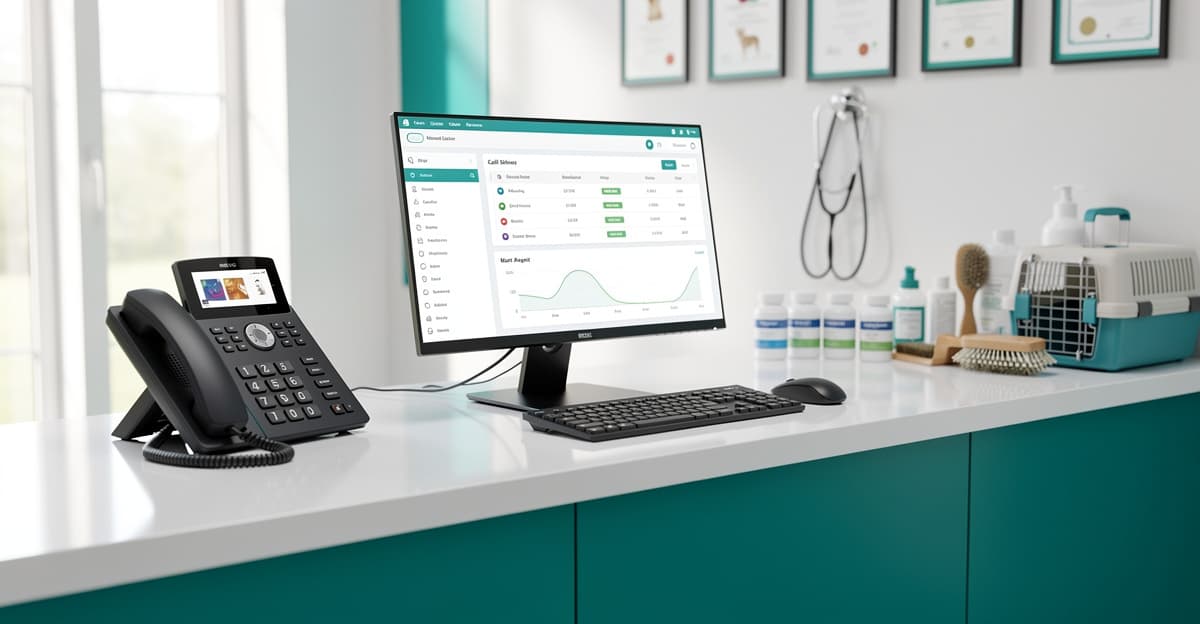 Standard téléphonique vétérinaire moderne installé à l'accueil d'une clinique vétérinaire professionnelle