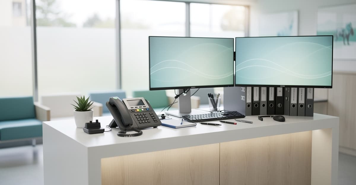 Standard téléphonique vétérinaire moderne dans une clinique, avec poste d’accueil organisé et ambiance professionnelle.