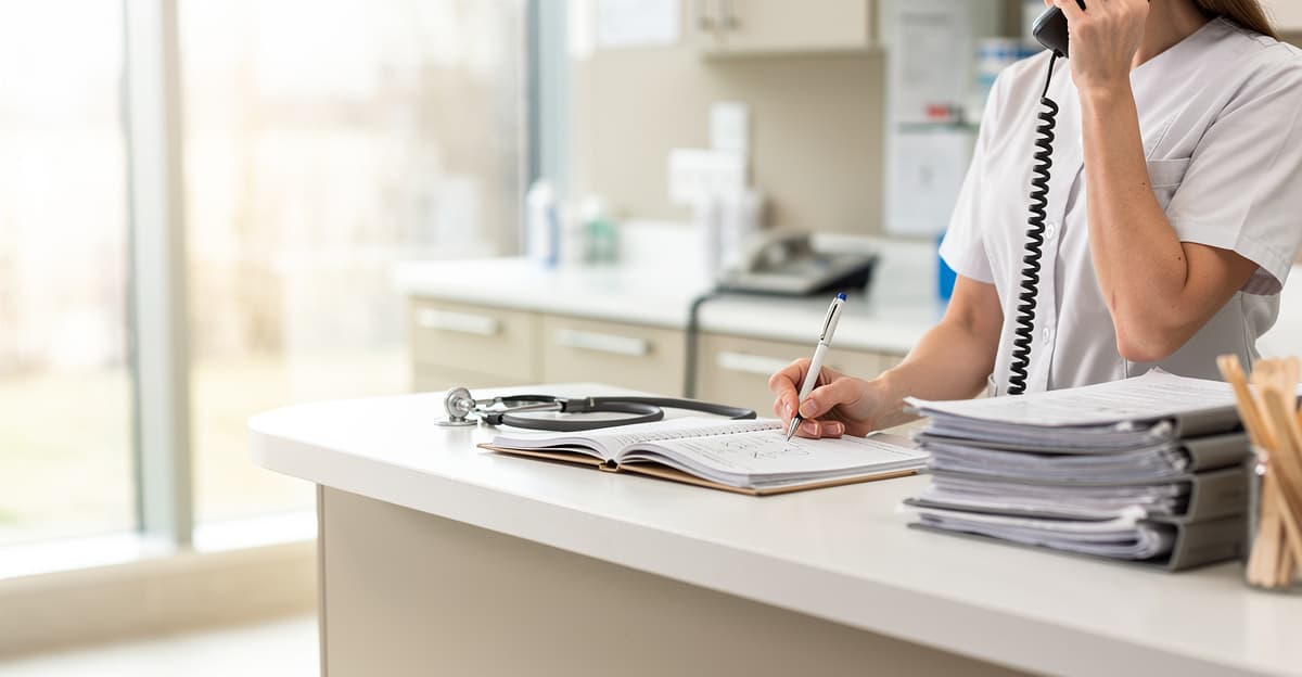 Accueil de clinique vétérinaire en triage telephone avec notes, téléphone et dossier médical