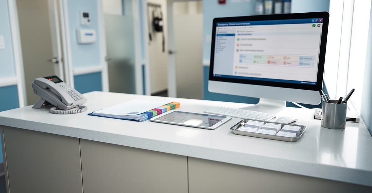 Accueil de clinique vétérinaire avec téléphone et dossier, illustrant le triage telephonique d’urgence.