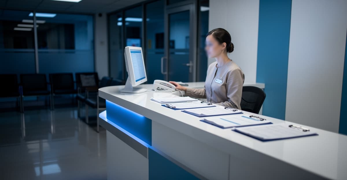 Réception de clinique vétérinaire en appel d'urgence vétérinaire téléphone, ambiance professionnelle et rassurante.