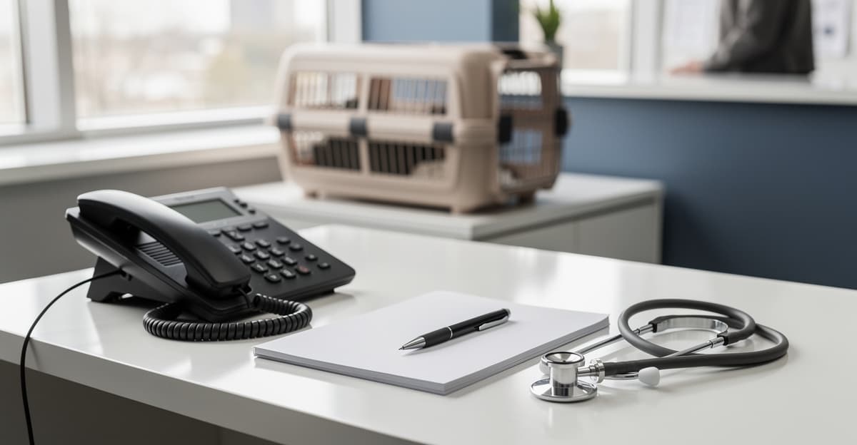 Téléphone en clinique vétérinaire pour une urgence vétérinaire téléphone, avec carnet et matériel de soins