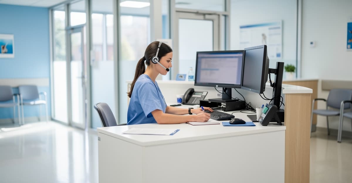 Urgence vétérinaire téléphone à la réception d’une clinique, avec triage rapide et ambiance professionnelle.